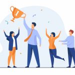 Teamwork and team success concept. Best employees winning cup, celebrating victory. Flat vector illustration for leadership and career achievement topics