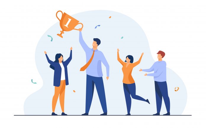 Teamwork and team success concept. Best employees winning cup, celebrating victory. Flat vector illustration for leadership and career achievement topics